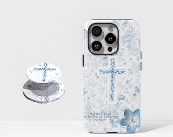 Christian Coquette Phone Case: Light blue bow design with Bible verses, compatible with iPhone 17/16/15/14/13/12/11/11 Pro Max/XR.