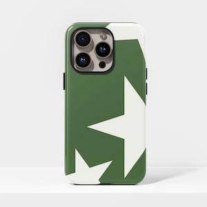 May include: A green and white phone case featuring a repeating star pattern. The case has a glossy finish and a camera cutout. The design is a modern, geometric pattern.