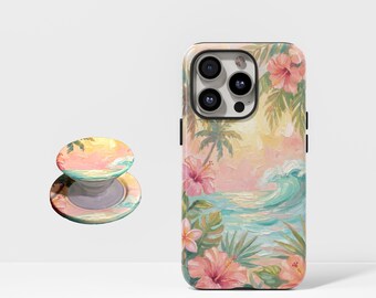 Coque de téléphone imprimée d'une peinture à l'huile tropicale hawaïenne, palmiers, hibiscus, paysage marin, compatible avec iPhone 17/16/15/14/13/12 Pro Max