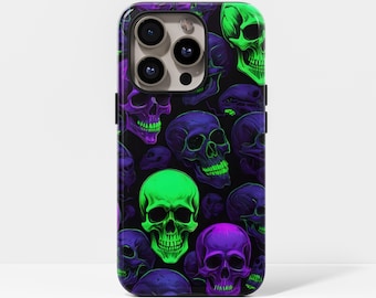 Coque Skull fluorescente, verte fluo pour iPhone 17, 16, 15, 14, 13, 12, 11, Pro Pro Max Plus et Samsung Galaxy S23, S22, S21, S20 Ultra