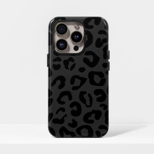 May include: Black phone case with a leopard print design. The case has a glossy finish and features a camera cutout. The leopard spots are a darker shade of black against a lighter black background. The case is designed to fit a smartphone.