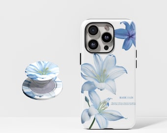 Tropical blue floral phone case, Bible-themed phone case, religious-themed case compatible with iPhone 17/16/15/14/13/12/11/11 Pro Max/XR.