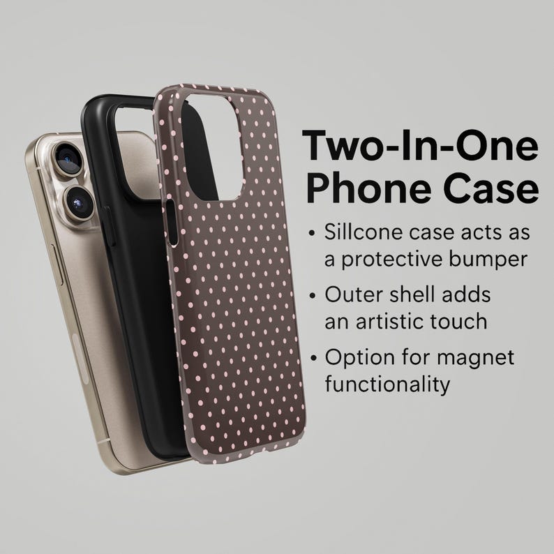May include: A two-in-one phone case with a brown polka dot outer shell and a black inner case. The phone case is shown with a gold phone. Text on the image reads "Two-In-One Phone Case".