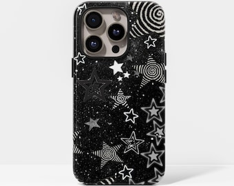 Funda de teléfono con diseño de estrella grunge negra y psicodélico oscuro para iPhone 17, 16, 15, 14, 13, 12, 11 Pro Max, Samsung S25, S24, S23, S22 Ultra