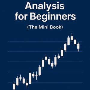 以下が含まれることがあります： 「Technical Stock Analysis for Beginners (The Mini Book)」と白字で書かれた濃紺のグラフィック。白いローソク足チャートが画像の下半分に表示されています。