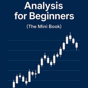 May include: A navy blue graphic with white text that reads "Technical Stock Analysis for Beginners (The Mini Book)". A stock chart with white candlesticks is displayed on the bottom half of the image.