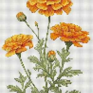 May include: A cross-stitch pattern of three orange marigold flowers with green stems and leaves.