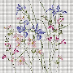 May include: Cross-stitch pattern of a floral bouquet featuring blue irises, pink and red flowers, and green stems. The design is set against a white grid background, creating a pixelated effect. The flowers are arranged in a natural, flowing composition.