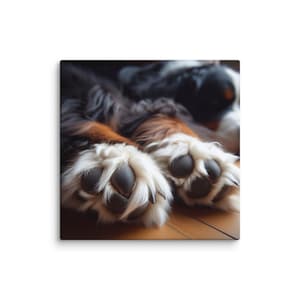 May include: A canvas print featuring a close-up of a dog's paws. The paws have black pads, white fur, and brown and black fur on the legs. The dog is lying down on a wooden surface.