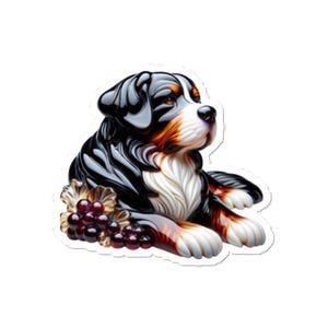 May include: A detailed sticker of a Bernese Mountain Dog, featuring a glossy finish. The dog is depicted in a relaxed pose, with black, white, and brown fur. A cluster of grapes is at the dog's side. The sticker is on a white background.