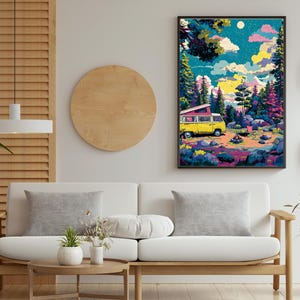 Camping Digital Art Print, vibrant camping fun wall Art, camping lovers, gift for campers, Instant Download, gift for the home, roadtrip art