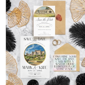 DOS DISEÑOS Ilustración de acuarela para lugar de celebración de bodas personalizado, Guardar la fecha, Lugar de celebración en acuarela, invitaciones, Tarjetas para guardar la fecha, Personalizado,