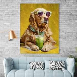 Golden Retriever Digital Art Print Cool Dog Sipping Matcha Latte – Fun Coffee Lover Wall Art, Pet Portrait, Instant Download