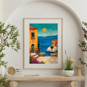 whimsical Mediterranean Art Print, vibrant coastal landscape Art, gift for home, Instant Download, playful colourful print, vibrant village