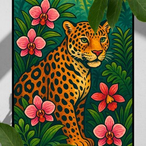 Jaguar in Tropical Jungle – Digital Art Print, Instant Download, Jungle Cat Illustration, Jungle Wall Art, Printable Wildlife Poster