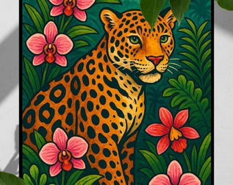 Jaguar dans la jungle tropicale - Impression d'art numérique, téléchargement immédiat, illustration de chat de la jungle, art mural jungle, affiche animalière imprimable