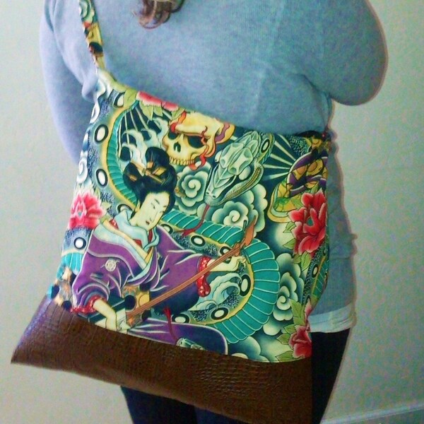 Geisha and skulls handmade vegan leather bottom shoulder bag REG 64.00... Huge Sale Plus Free Shipping