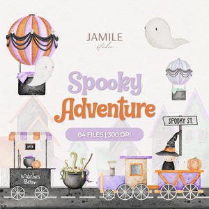 Puede incluir: Ilustración digital con temática de Halloween. Presenta un globo aerostático, un fantasma, un tren, un caldero y un letrero que dice "Spooky St.". El texto "Spooky Adventure" se muestra de forma destacada. La imagen incluye el texto "84 FILES | 300 DPI".