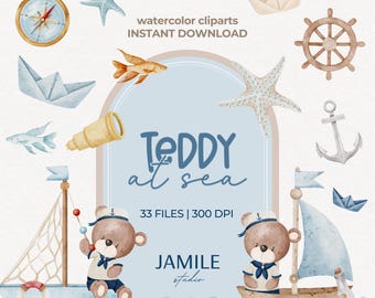 Watercolor teddy bear, baby shower clipart, cute baby teddy bear, nursery clipart Nautical Teddy Bear, Baby sailor Clipart, Ocean Nursery