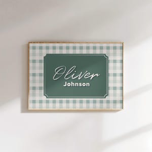 Personalized nursery name print for boy room custom name sign for girls gingham wall print for baby shower custom gift poster for nursery