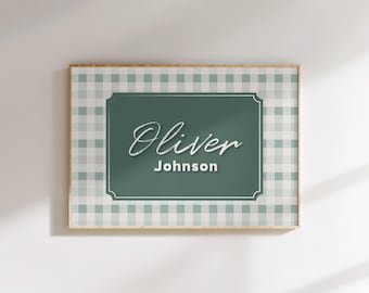 Custom name sign printable nursery gingham wall art for baby boy decor personalized kids room print
