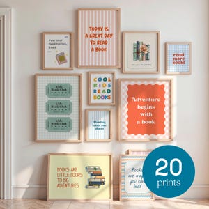 May include: A gallery wall of framed art prints with reading-themed quotes and illustrations. The prints feature a variety of designs, including striped patterns, ticket stubs, and floral imagery. The colour scheme includes pink, blue, and orange tones. The text includes phrases such as "Adventure begins with a book."