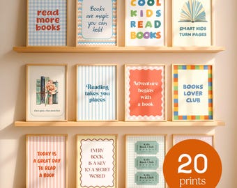 Zestaw ściennych grafik dla miłośników książek do biblioteki, wydruki do pokoju dziecięcego, plakaty z książkami do druku, zestaw dekoracji do galerii książek do pobrania w wersji cyfrowej