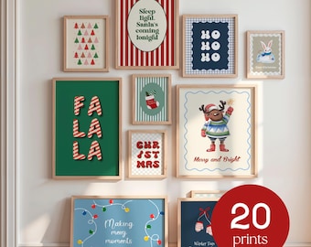 Conjunto de arte de parede de Natal para crianças com 20 impressões de feriado para berçário, pôster de inverno para sala de jogos, pacote festivo para decoração de quarto infantil de Natal