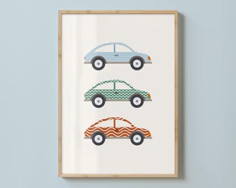 Lámina infantil de coches coloridos, arte de transporte para habitación de niño (descarga digital)