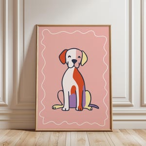 Playful dog wall art pink orange dog poster for kids room puppy print whimsical animal art for nursery dog decor for playroom