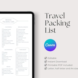 Editable travel packing list printable canva template travel checklist printable vacation trip planner instant download trip planning list