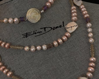 Pom Pom Pink Pearl Rope Necklace Handmade