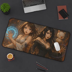 ユウナとルル、ゲーミングデスクマット、ファイナルファンタジーXデザイン、TCG用プレイマット、FFXファンギフト、大型マウスパッド、ゲームカードマット
