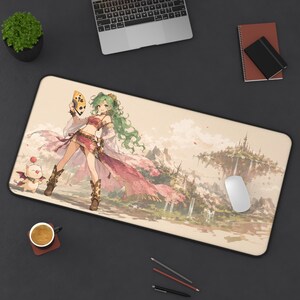 May include: A rectangular desk mat featuring an anime-style illustration of a green-haired character in a red outfit holding a fan, accompanied by a small creature with wings. The background depicts a floating castle landscape in soft beige tones.