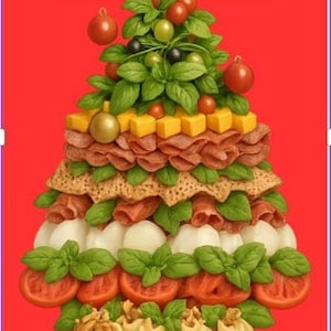 Könnte beinhalten: Ein festlicher Weihnachtsbaum aus Lebensmitteln vor rotem Hintergrund. Der Baum besteht aus Schichten von Tomaten, Mozzarella, Salami, Käsewürfeln und Basilikum. Er ist mit Kirschtomaten, Oliven und einem Stern geschmückt.