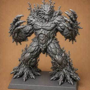 Peut inclure: Une figurine en résine grise non peinte représentant une créature humanoïde massive à la surface texturée rappelant l'écorce. Le personnage présente des griffes acérées aux mains et aux pieds, un visage grimaçant et de nombreuses petites excroissances.