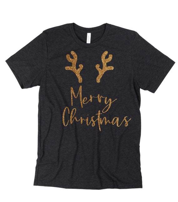 Unisex Girls Christmas shirt - Merry Christmas Reindeer t-shirt - Women's deer shirt - Gold glitter Christmas tee - Cute Christmas shirt