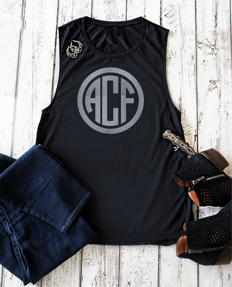 ladies monogram shirts Cute tees circle monogram silver t-shirt womens tank top Monogrammed muscle shirt- Cute monogram tank top