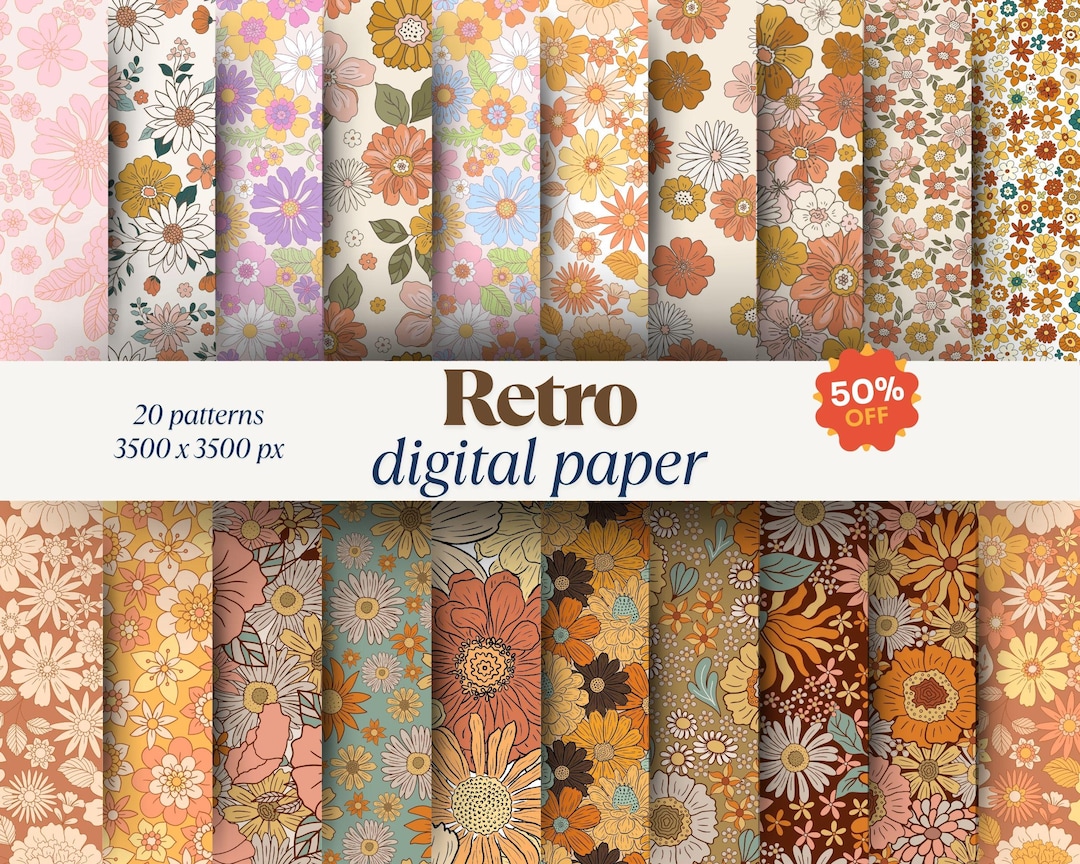 Retro Floral Digital Paper Pack – Groovy 70s Boho Patterns for ...