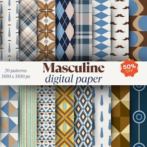 Masculine Digital Paper Pack – Retro Patterns in Steel, Brown, Dusty Blue – Men’s Scrapbook Papers, Father's Day, Printable 12x12 Download
