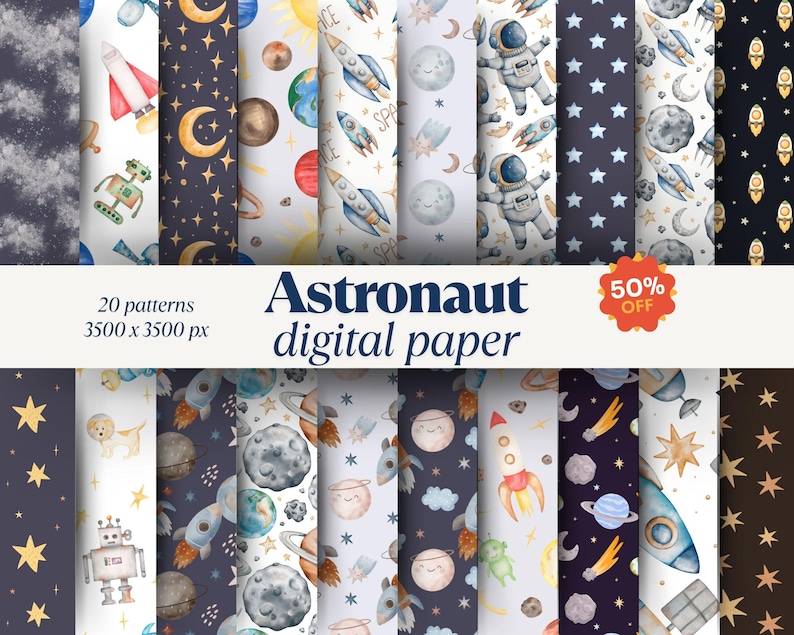 Watercolor Space Digital Paper Pack: Seamless Astronaut & Planet ...