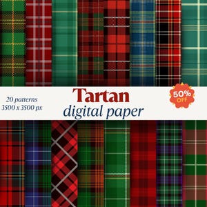May include: A collection of 20 digital tartan patterns in various colors, including red, green, and blue. The image features a variety of plaid designs with the text "Tartan digital paper" and a "50% off" sticker.
