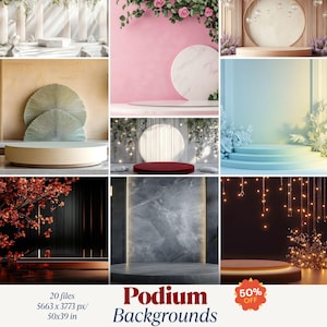 Pode incluir: Uma colagem de nove fundos de pódio diferentes, cada um com um design único. Os fundos apresentam várias cores, texturas e elementos decorativos, incluindo flores, mármore e iluminação. O texto na imagem diz "Podium Backgrounds" e "50% OFF".