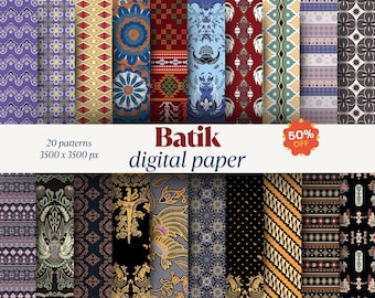 Pack de papier numérique batik : motifs indonésiens sans couture (téléchargement instantané, 12 x 12 JPG)