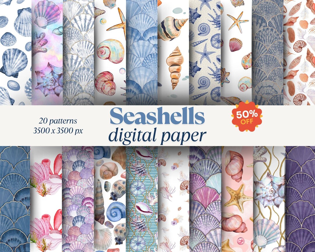 Seashell Watercolor Digital Paper: Seamless Ocean Patterns (digital ...