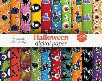 Peut inclure: Une collection de 20 motifs de papier numérique sur le thème d'Halloween. Les motifs présentent des crânes, des chats noirs, des fioles de potion, des yeux et d'autres éléments effrayants de différentes couleurs. Le texte "Halloween digital paper" est affiché.