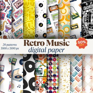 Retro Music Digital Paper Pack, Vintage 80s & 90s Patterns with Vinyl, Cassette, Boombox, Mid-century Scrapbook Backgrounds, Commercial Use