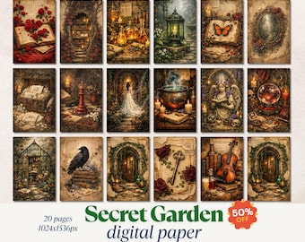 Puede incluir: Una colección de 20 diseños de papel digital con temática vintage y fantasía. Cada diseño presenta ilustraciones detalladas de libros, pociones, mariposas y otros elementos místicos. Se muestra el texto "Secret Garden digital paper".