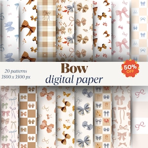 May include: A collection of 20 digital paper patterns featuring bows in various colors and styles. The designs include watercolor bows, plaid patterns, and floral accents. The text "Bow digital paper" is displayed, along with a "50% OFF" sticker.
