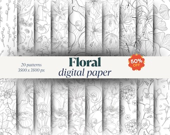 Digital Paper Pack met bloemenlijntekeningen: naadloze botanische patronen (digitale download)